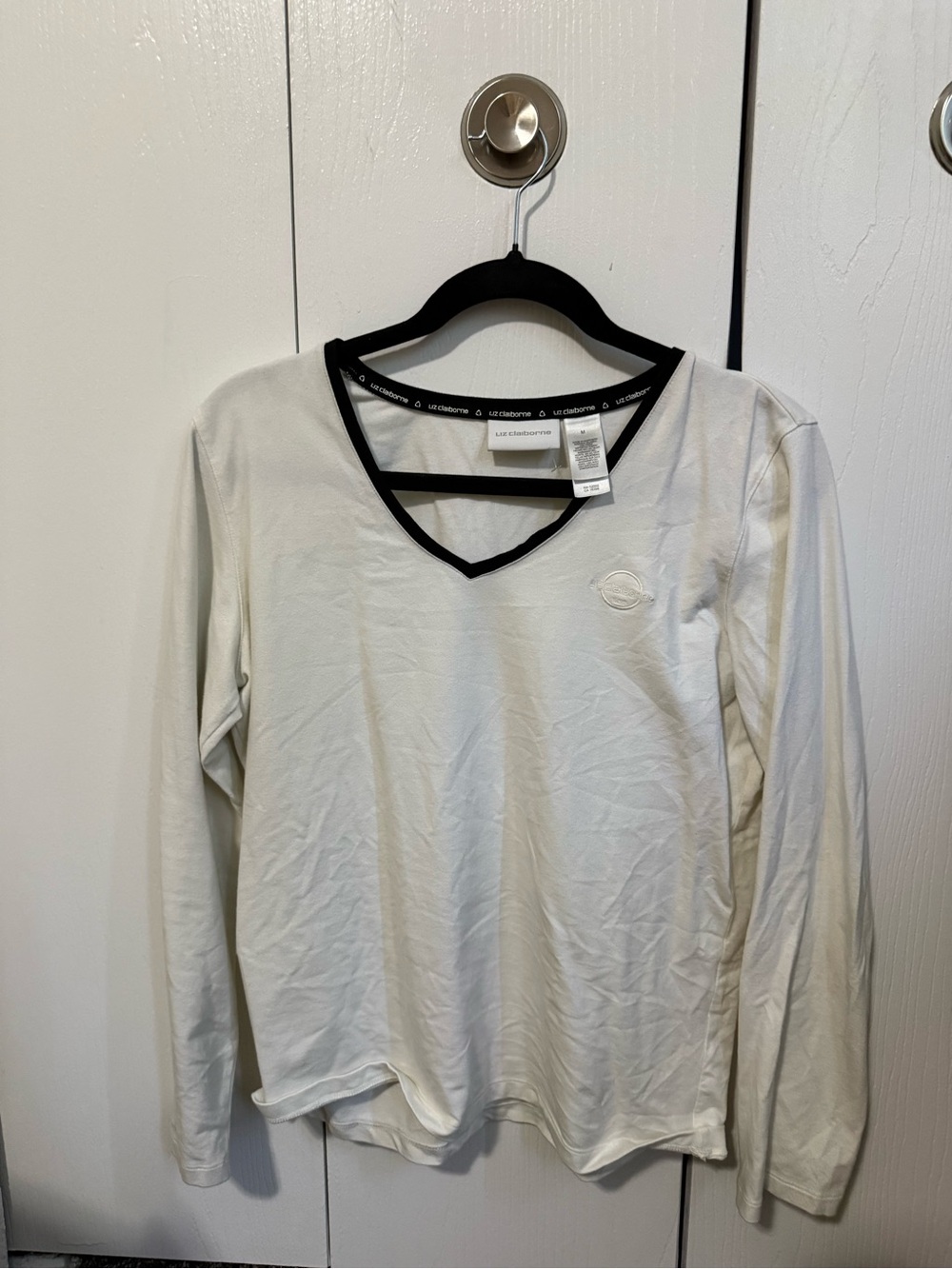 White Long Sleeve V-Neck Top with Black Trim